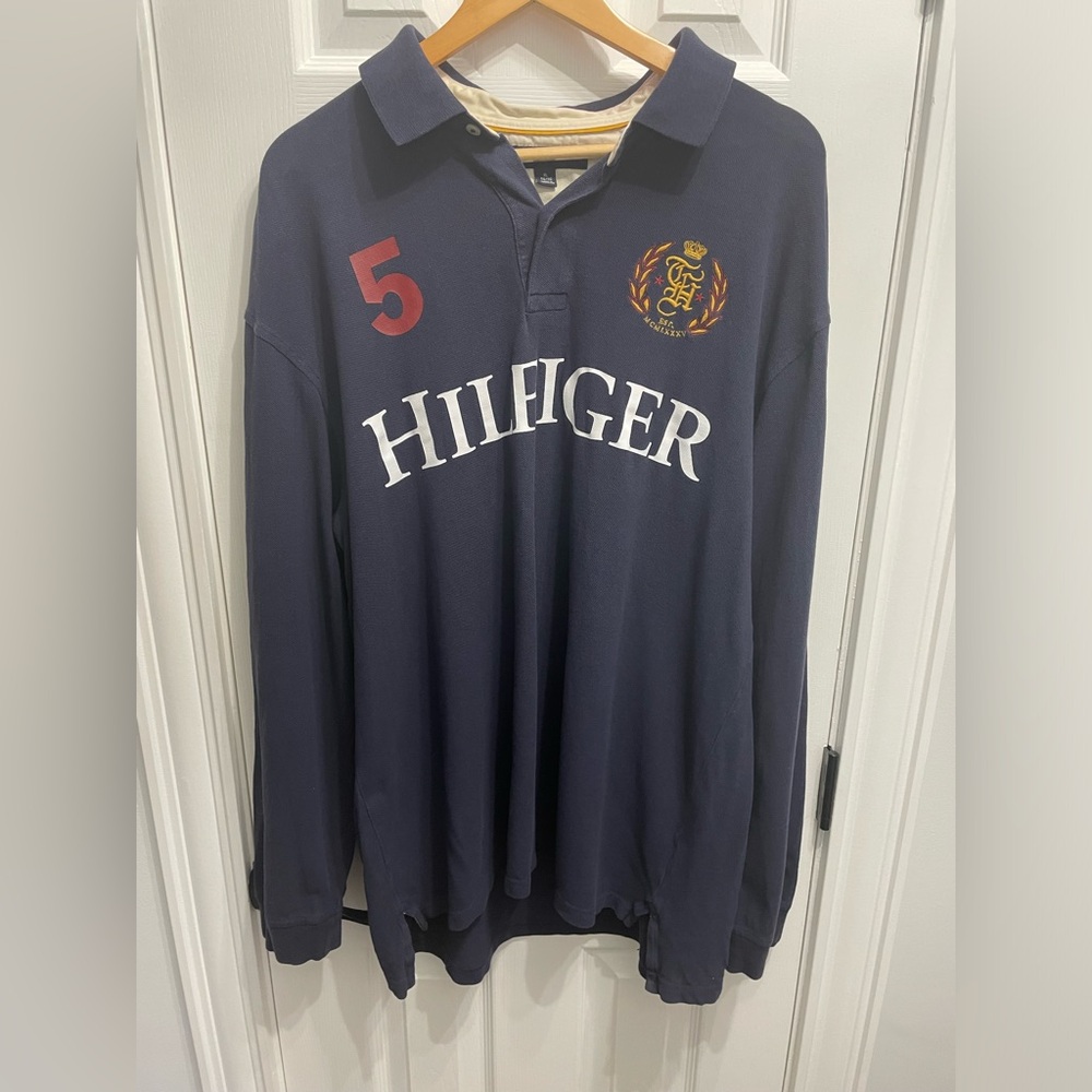 Vtg 90s Tommy Hilfiger Men’s Rugby Polo Shirt Spell Out Crest Long Sleeve #5 XL